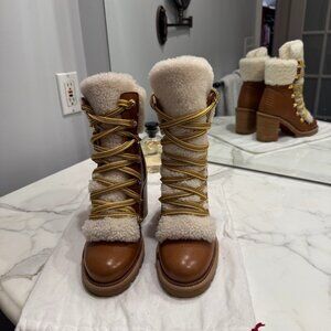 Christian Louboutin  Calfskin Shearling Yetita 70 Hiker Booties 36.5 Cuoio Natur